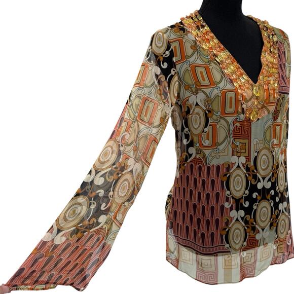 Vintage Y2K ECI New York Beaded V-Neck Sheer Boho Blouse Women Blouse Med - Picture 2 of 7